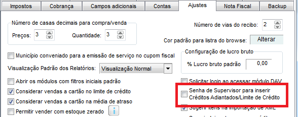 Opção Senha de supervisor