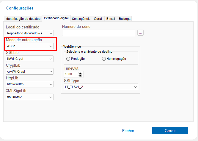 Modo de autorização ACBr