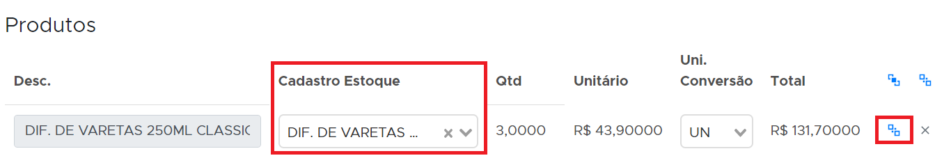 Botão parametrizar item na nota