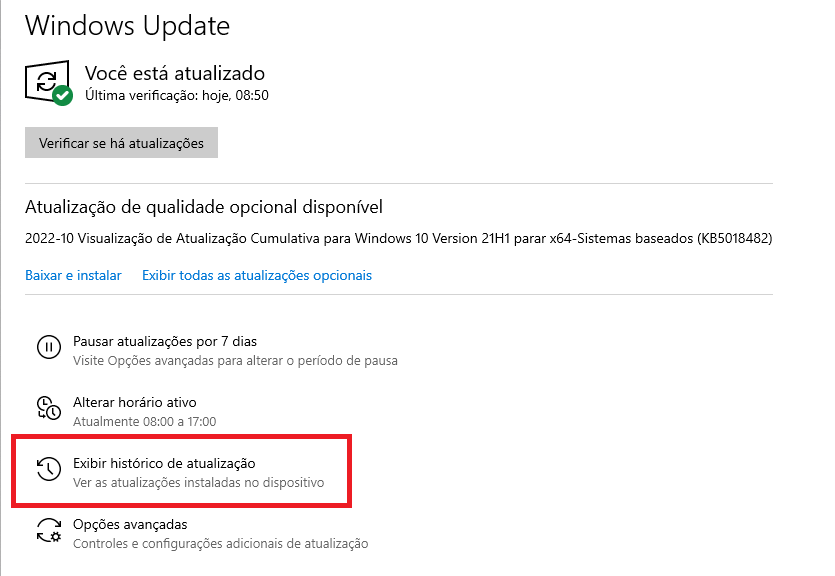 Exibir histórico de atualização