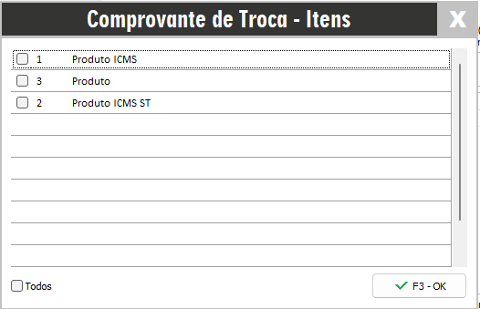 Seleção de itens para o comprovante de troca