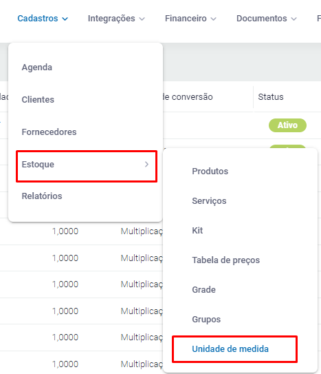Menu Cadastros, Estoque, Unidades de Medida