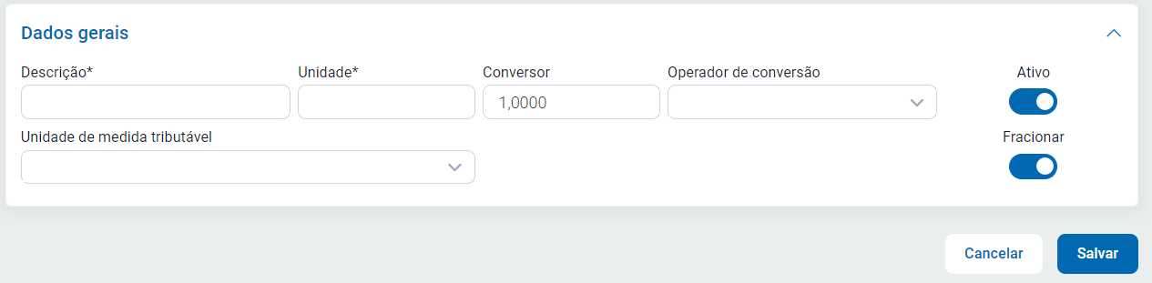 Tela de cadastro da unidade de medida