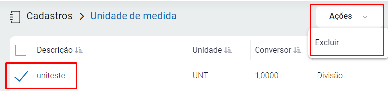 Cadastro do fator de conversão da unidade de medida