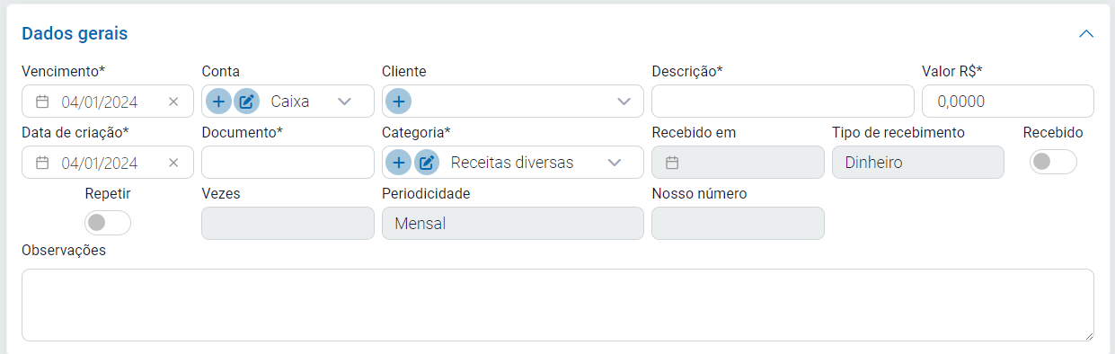 Lançamento de receita
