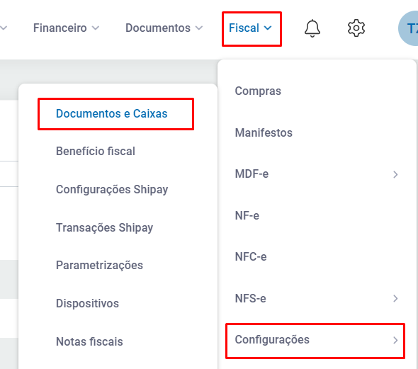 Configurações de Documentos e Caixas