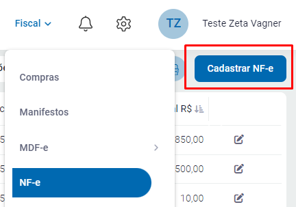 Menu Cadastrar NF-e no ZetaWeb