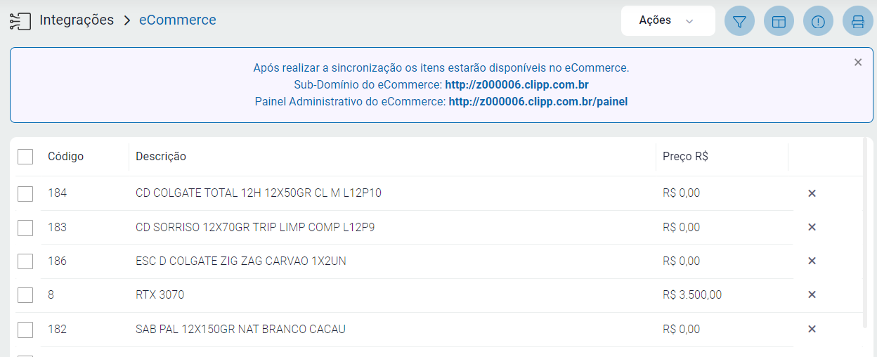 Itens cadastrados no Ecommerce