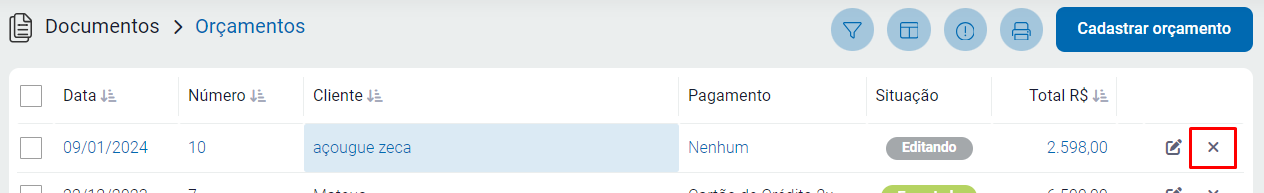 Excluir orçamento/pedido