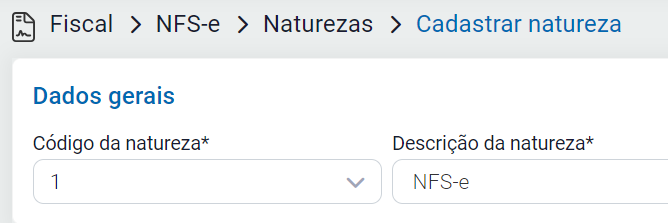 Cadastro do código e descrição da natureza
