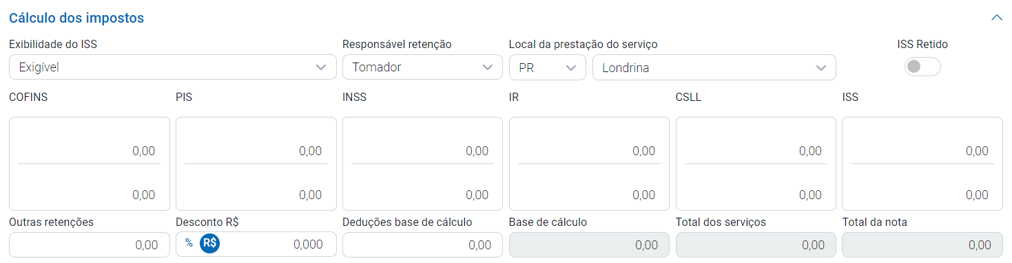 Aba Cálculo dos Impostos