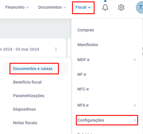 Menu Documentos e Caixas