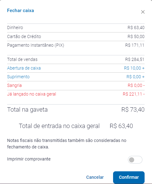Fechamento de caixa