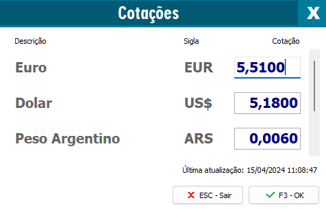 Informar valor da cotação