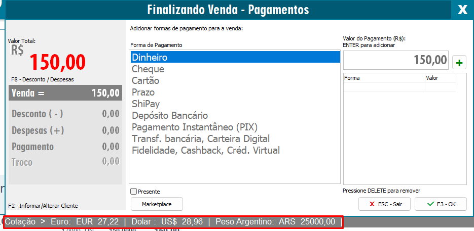 Cotação na aba Formas de Pagamento