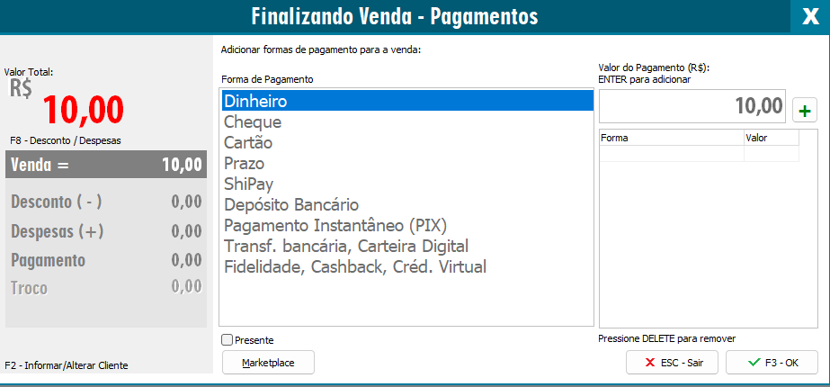 Formas de pagamento na NFC-e