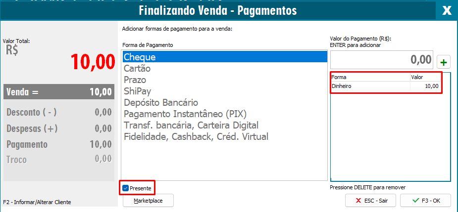 Opção Presente na NFC-e