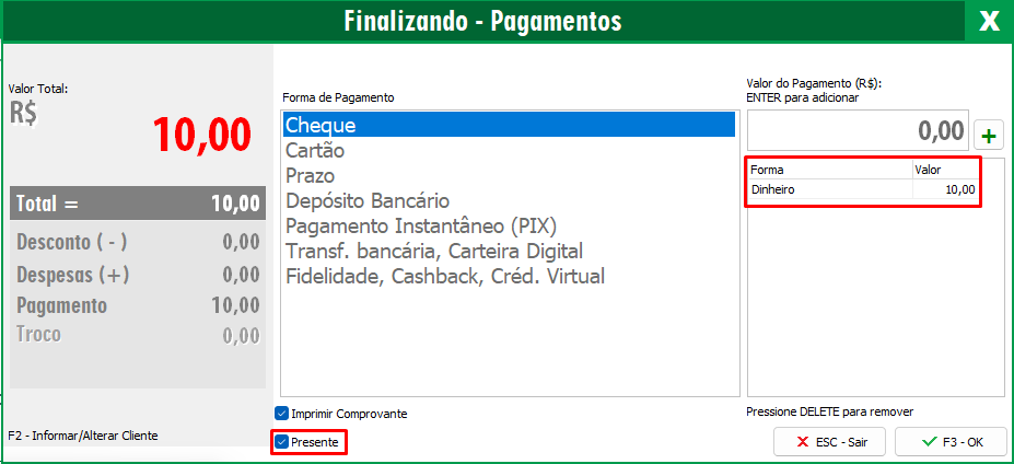 Opção Presente nos documentos gerenciais