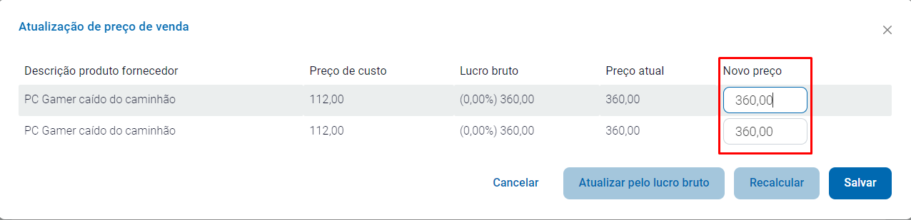 Informar preço de venda