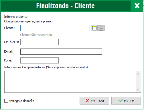 Seleção de cliente e forma de pagamento