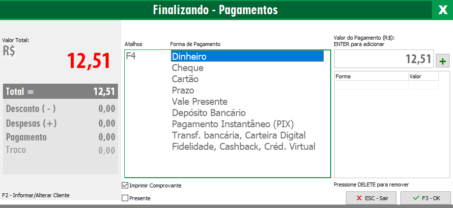 Tela de formas de pagamento