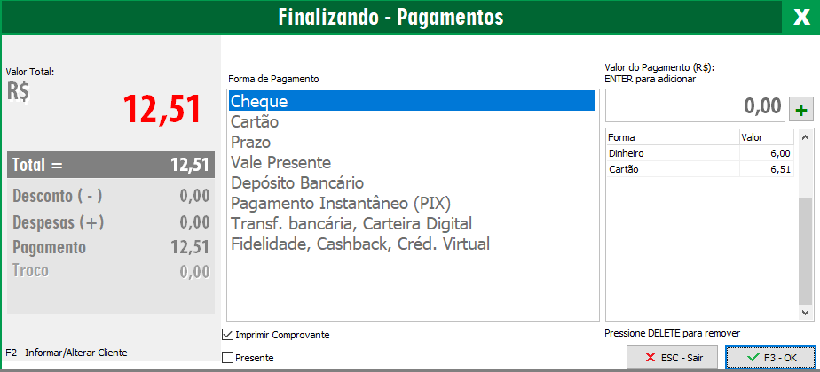 Saída dividida em Dinheiro e Cartão