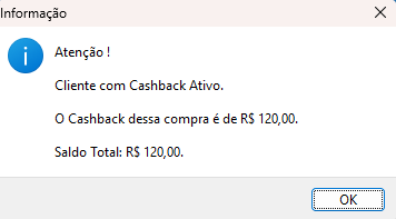 Janela de informações do cashback