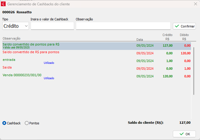 Extrato do cashback com saldo, entradas e saídas
