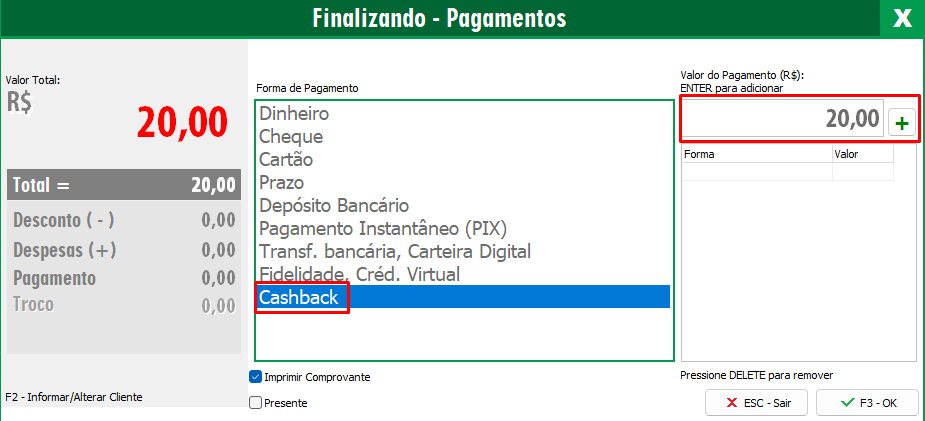 Forma de pagamento Cashback na NFC-e