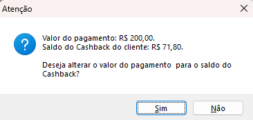 Mensagem quando a venda supera o saldo de cashback