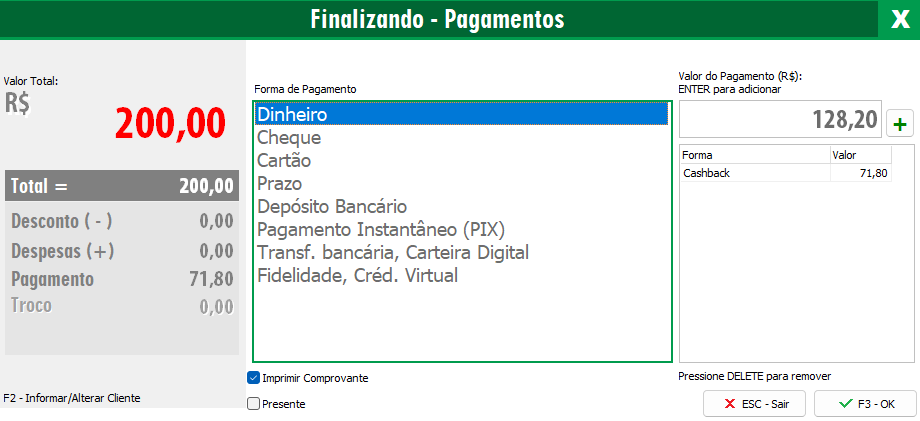 Valor restante para outra forma de pagamento