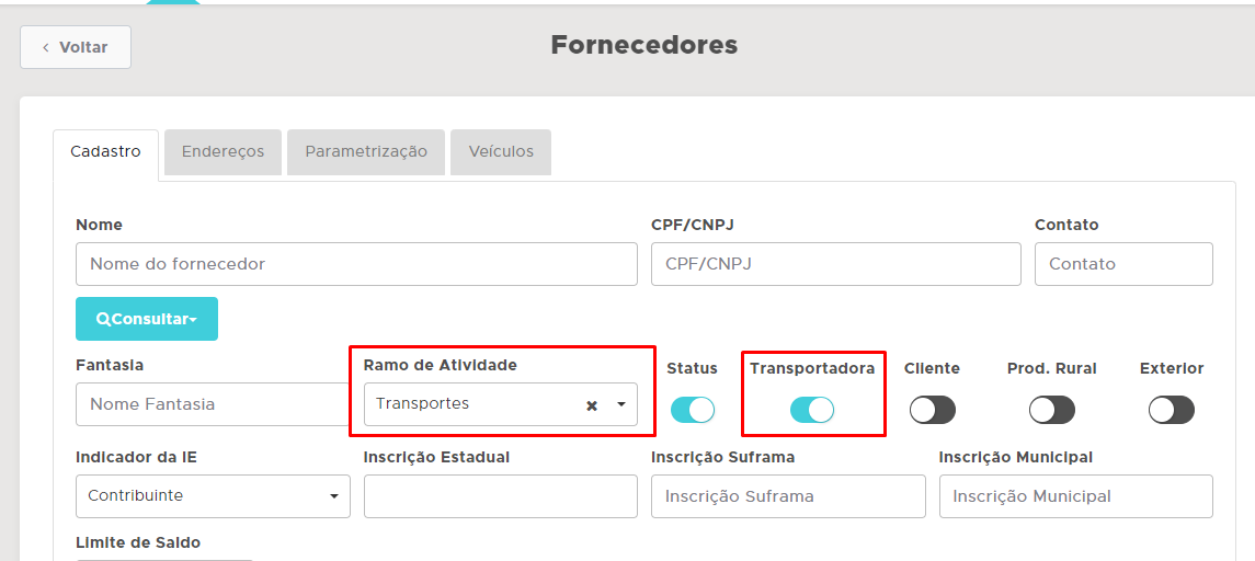 Cadastro da transportadora