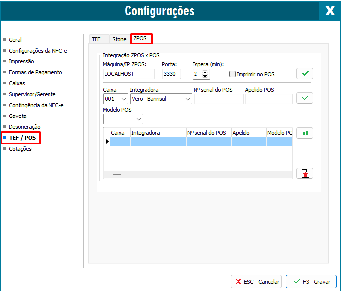 Aba ZPOS nas configurações do PDV