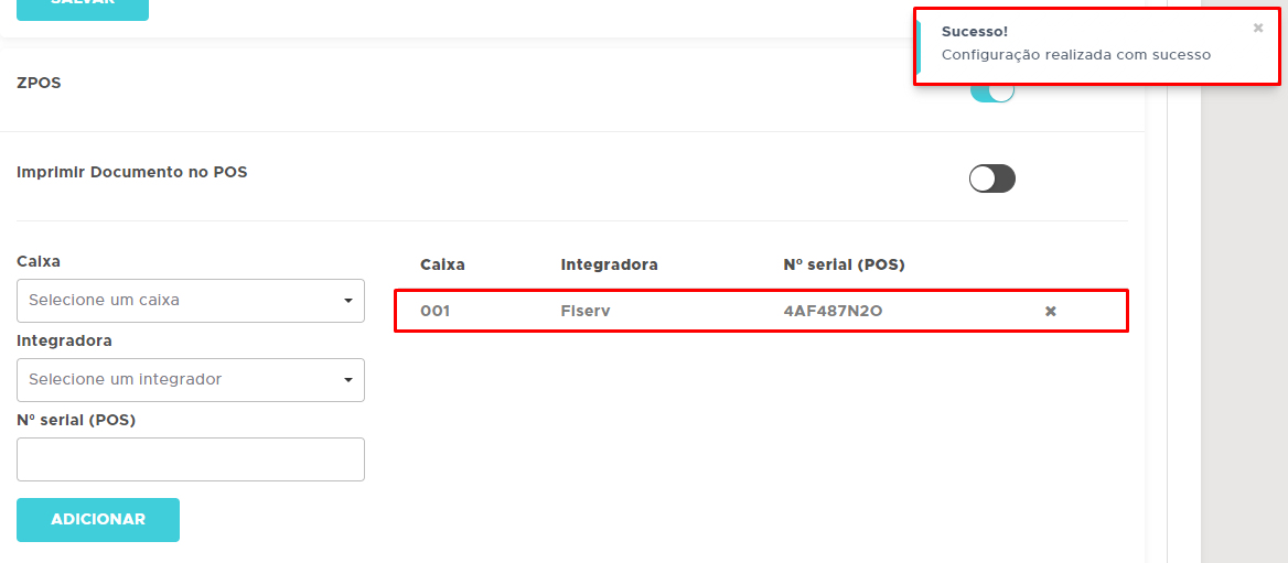 Maquininha Fiserv adicionada