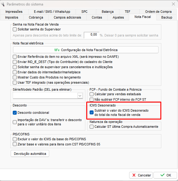 Aba Nota Fiscal parametro desoneracao