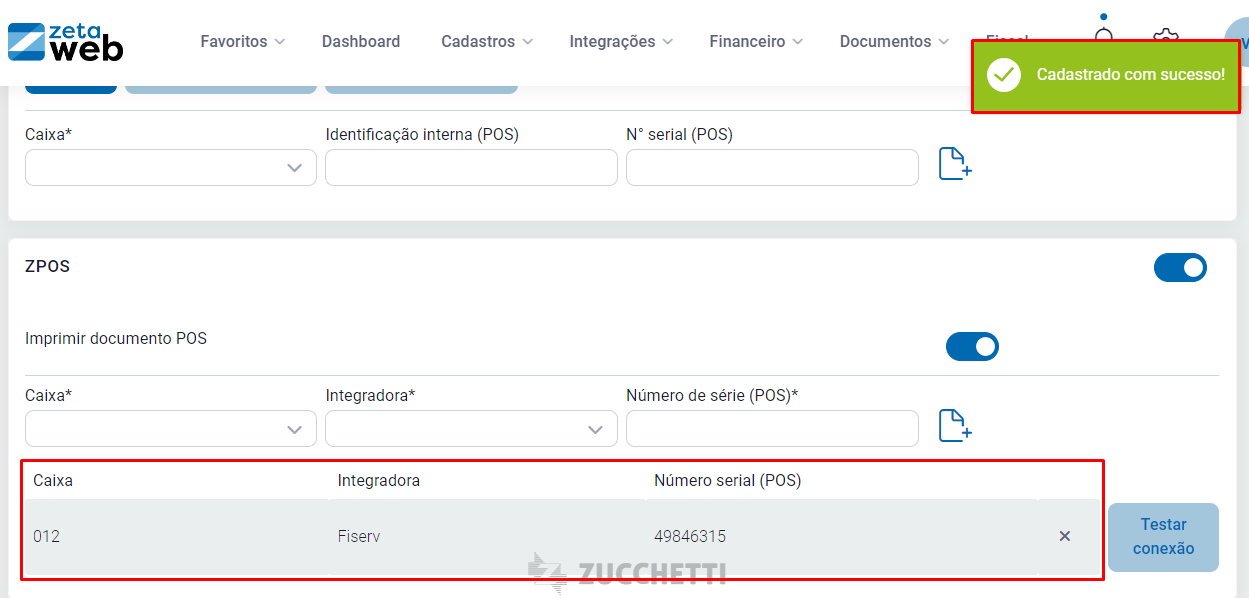Maquininha Fiserv adicionada