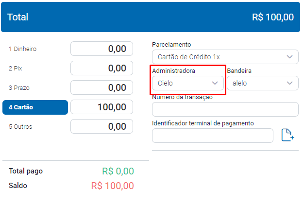 Forma de pagamento Cartão