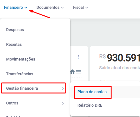 Menu Plano de contas