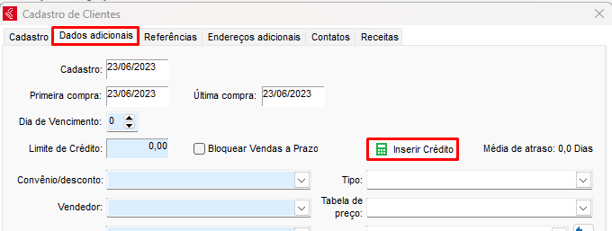 Inserir Crédito no cadastro do cliente