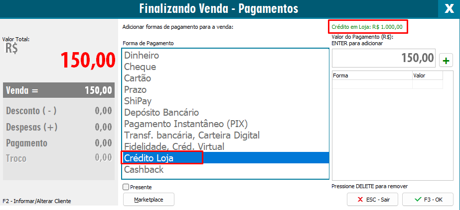 Crédito Loja na NFC-e