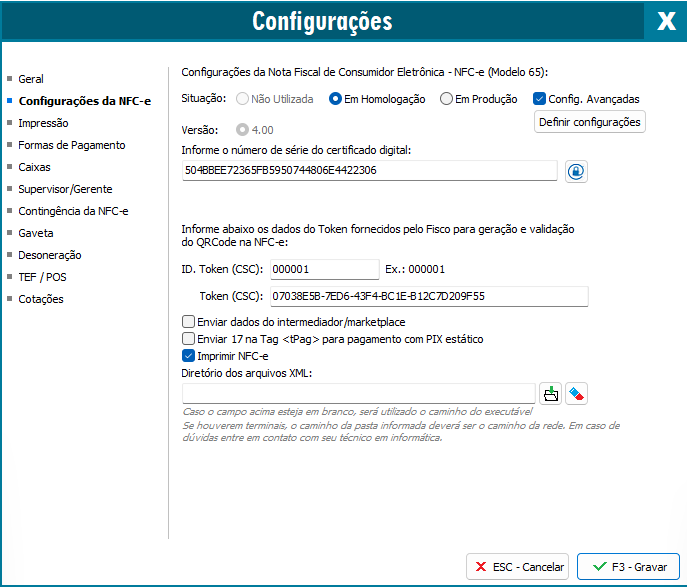 Configurações da NFC-e