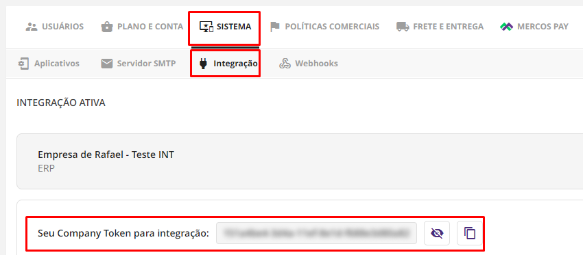 Company Token no painel Mercos