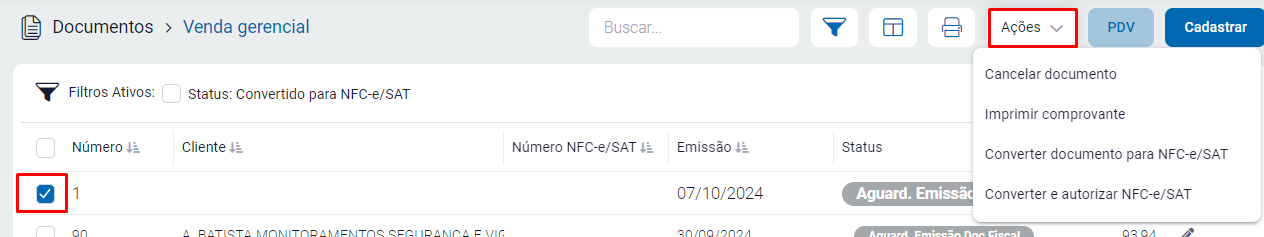 Botão Ações para converter o cupom
