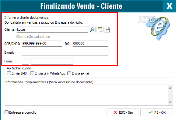 Mensagem solicitando cliente na venda