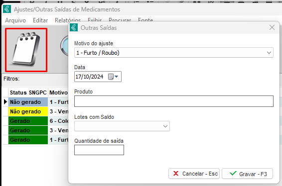 Lançamento de ajuste de saída