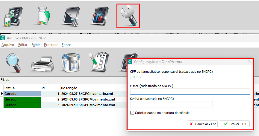Configurações do ClippFarma