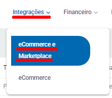 Menu Integrações, eCommerce e Marketplace no Zweb