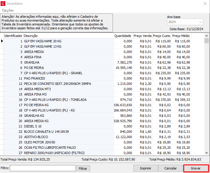 Gravar alteracoes do inventario