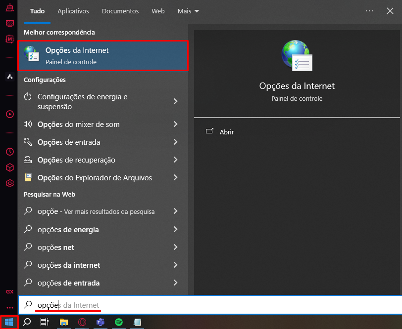 Opções da Internet no menu Iniciar