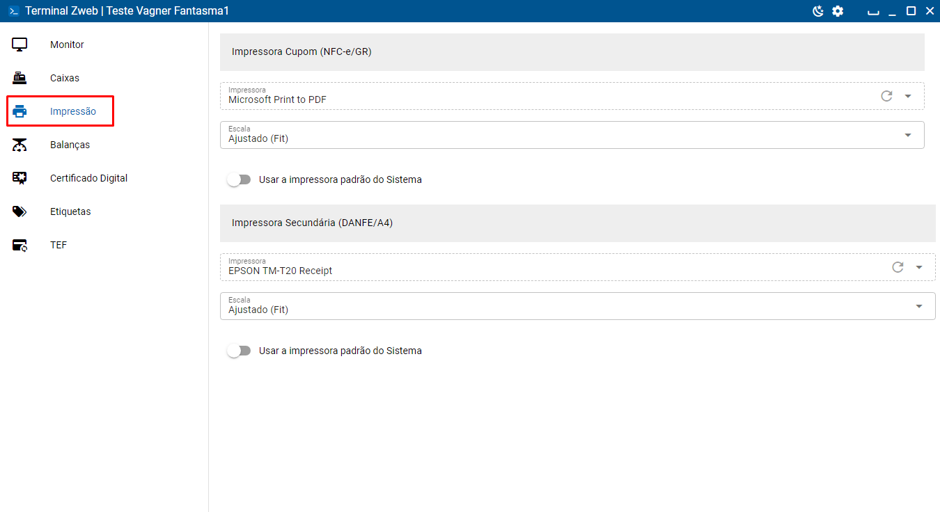 Configuracao de impressoras no Terminal ZWeb